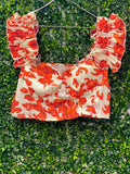 Africa Idol Orange Floral Ruched Crop Top — front