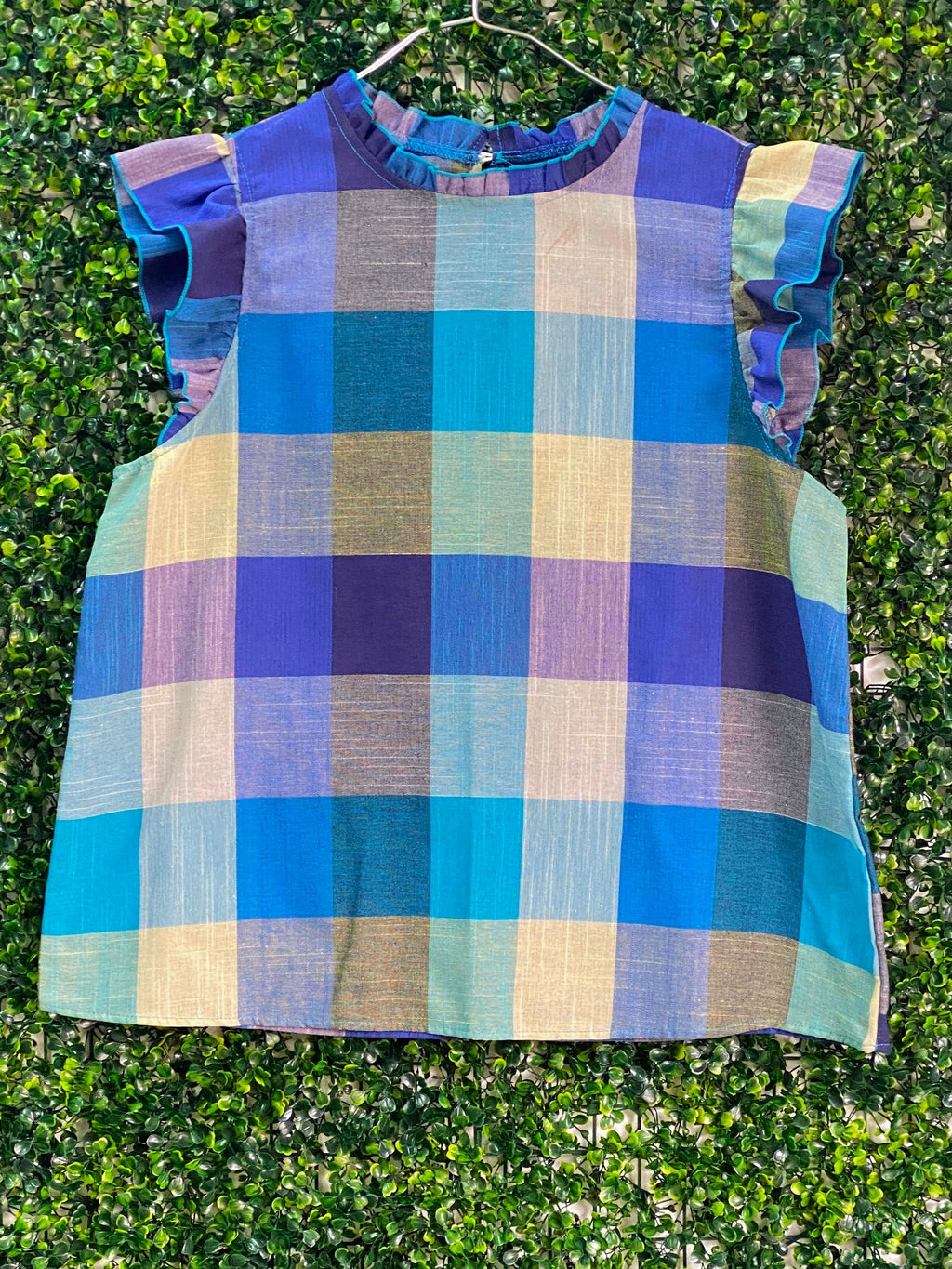 Emery Rose Blue Multicolour Check Cap-Sleeve Top — front