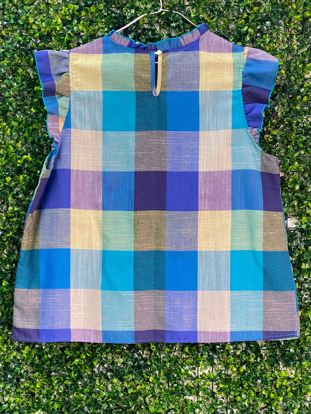 Emery Rose Blue Multicolour Check Cap-Sleeve Top — back