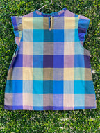 Emery Rose Blue Multicolour Check Cap-Sleeve Top — back