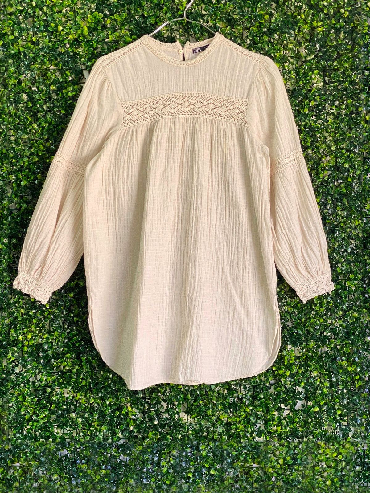 Zara Cream Cotton-Linen Crochet Trim Smock Dress — front