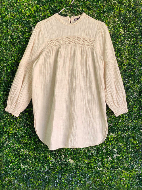 Zara Cream Cotton-Linen Crochet Trim Smock Dress — front