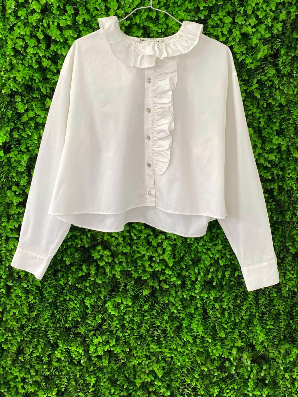 Zara White Cotton Ruffle-Neck Button-Up Blouse