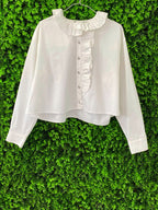 Zara White Cotton Ruffle-Neck Button-Up Blouse