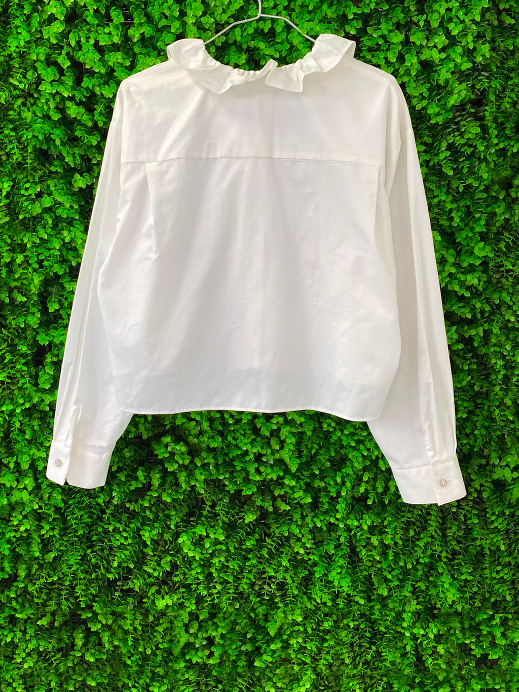Zara White Cotton Ruffle-Neck Button-Up Blouse