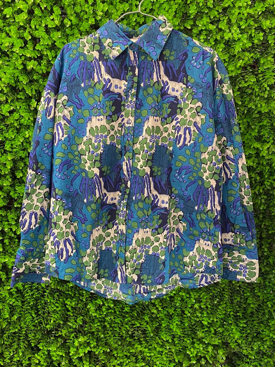 Ange Blue & Green 100% Cotton Abstract Floral Blouse