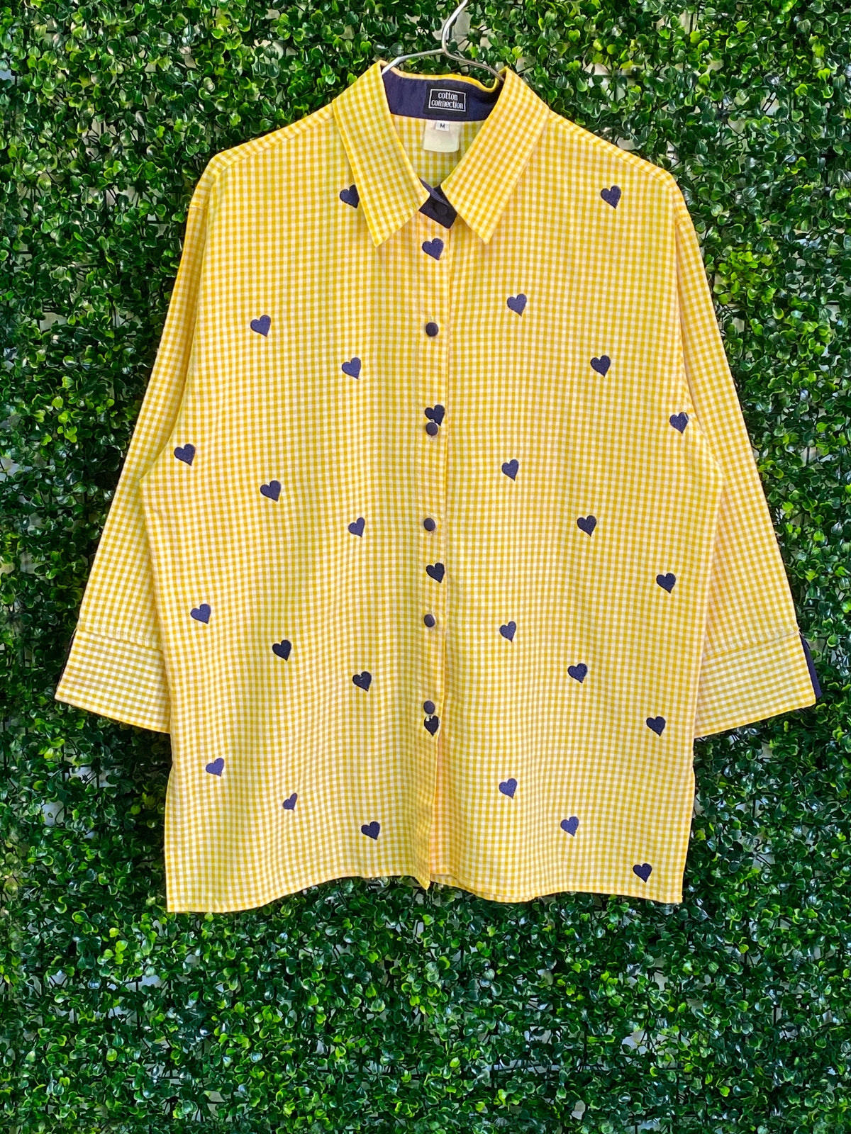 Cotton Connection Yellow Gingham Heart Print Blouse — front