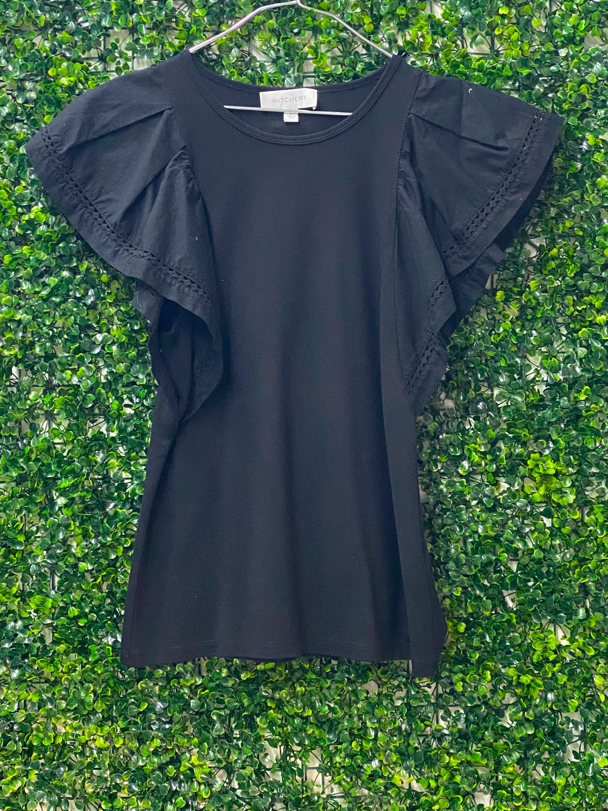 Witchery Black Flutter Sleeve Top — front