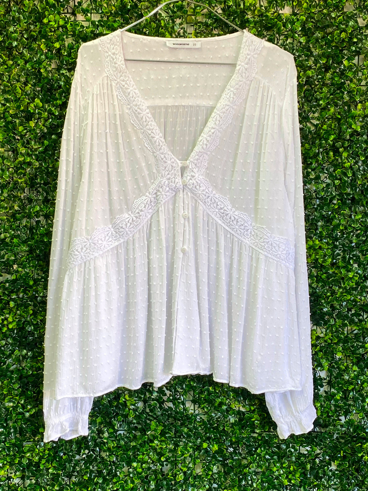 Woolworths White Swiss-Dot Lace-Trim Blouse — front