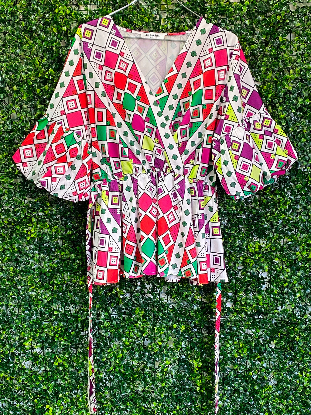 African Idol Multicolour Geometric Wrap Peplum Top — front