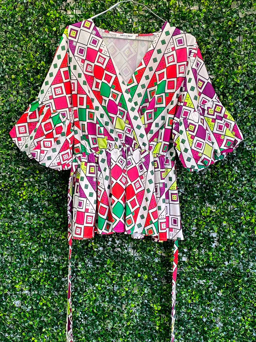 African Idol Multicolour Geometric Wrap Peplum Top — front