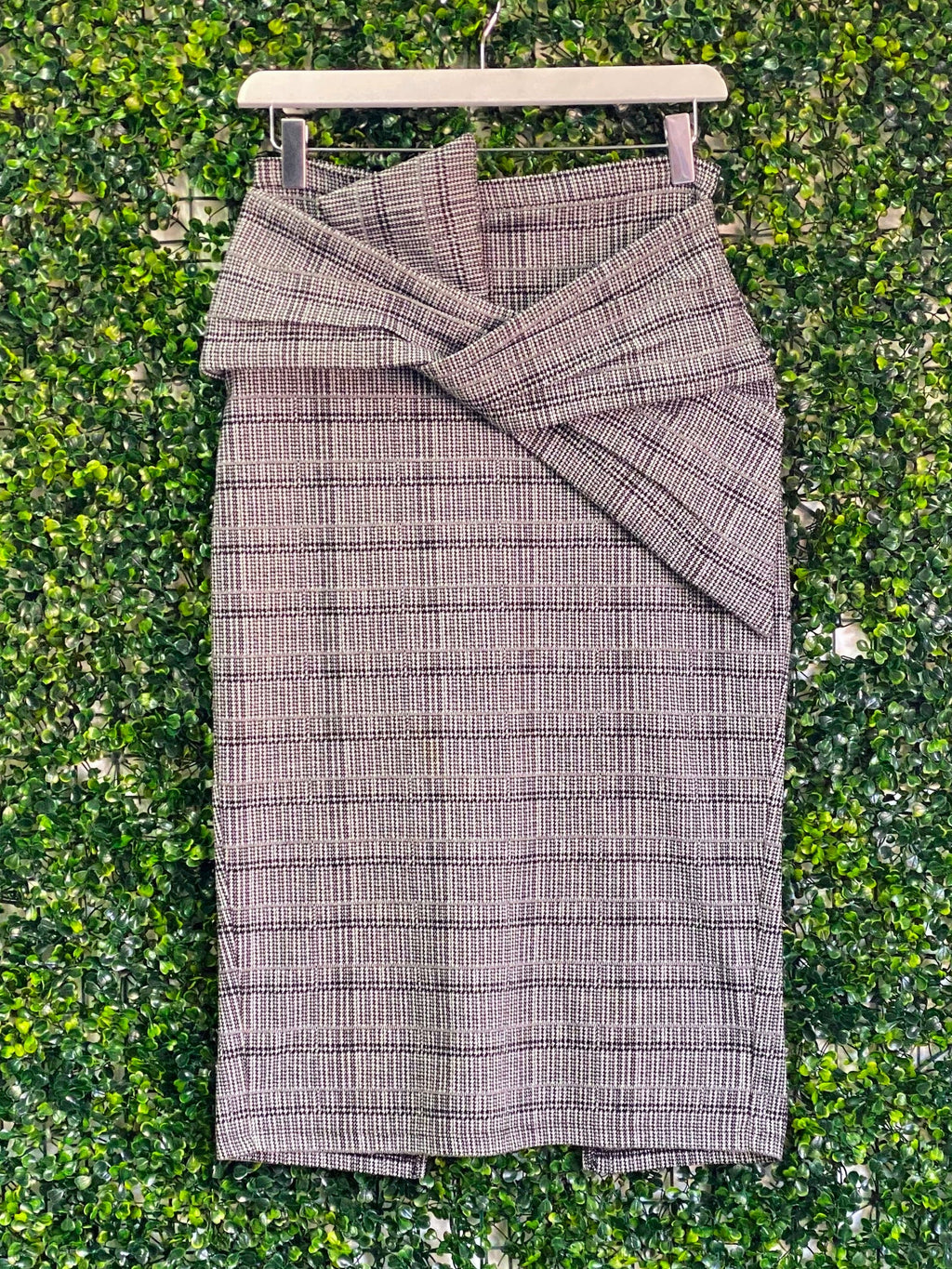 About Me Grey Plaid Wrap-Detail Pencil Skirt — front