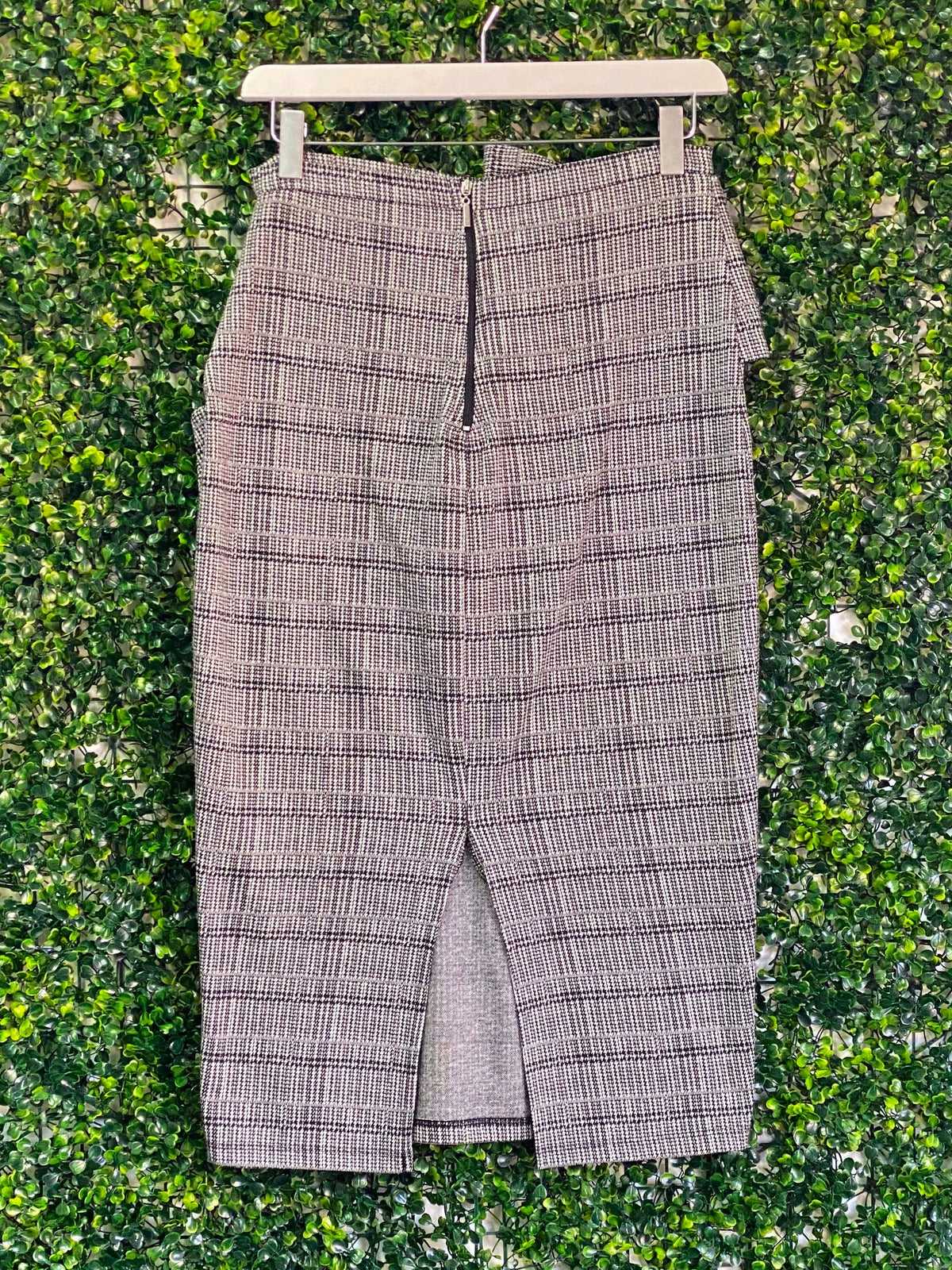 About Me Grey Plaid Wrap-Detail Pencil Skirt — back