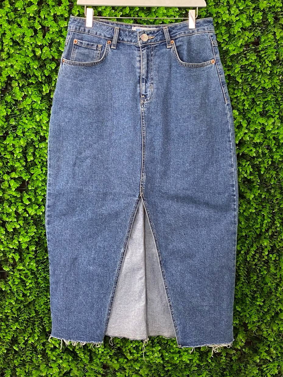 Washed Blue Front-Slit Denim Midi Skirt