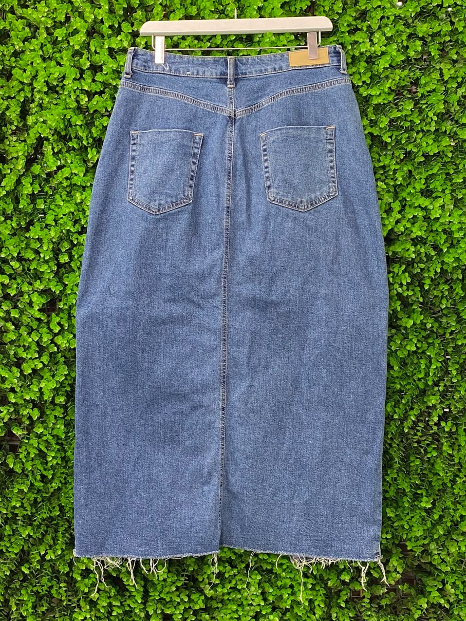Washed Blue Front-Slit Denim Midi Skirt