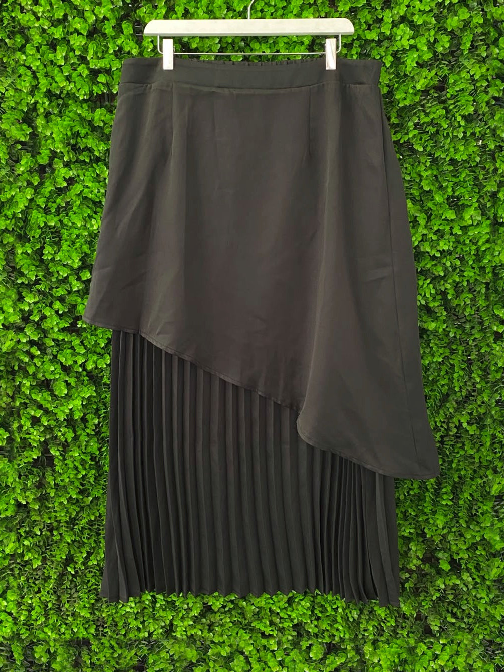 Black Asymmetric Pleated Midi Skirt